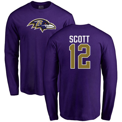 Men Baltimore Ravens Purple Jaleel Scott Name and Number Logo NFL Football #12 Long Sleeve T Shirt